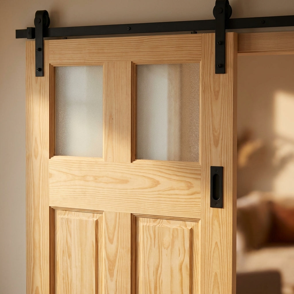 Internal Sliding Clear Pine Door Unfinished Solid Core 2 Panel 2 Light Glass - detail view