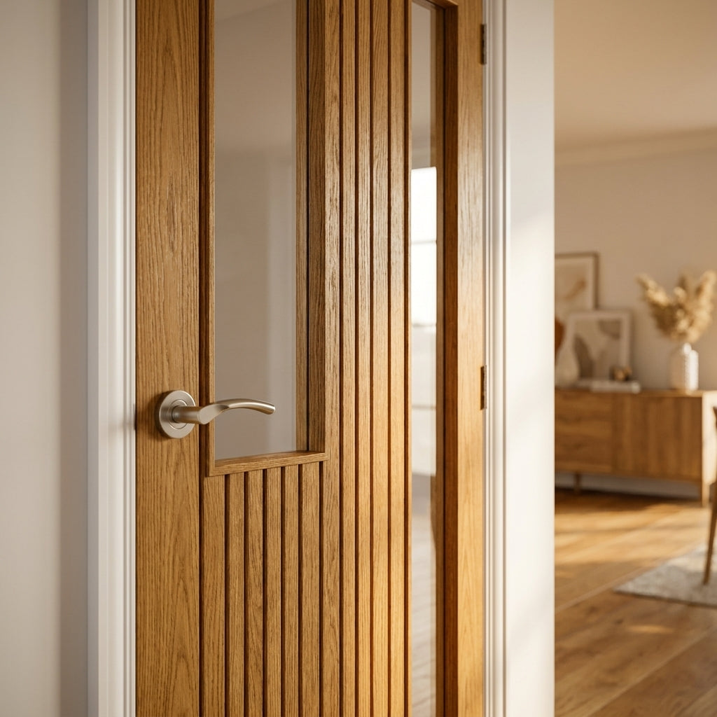 Oak Internal FD30 Fire Door Fully Finished with 1 Light Clear Glass Made to Measure - detail view