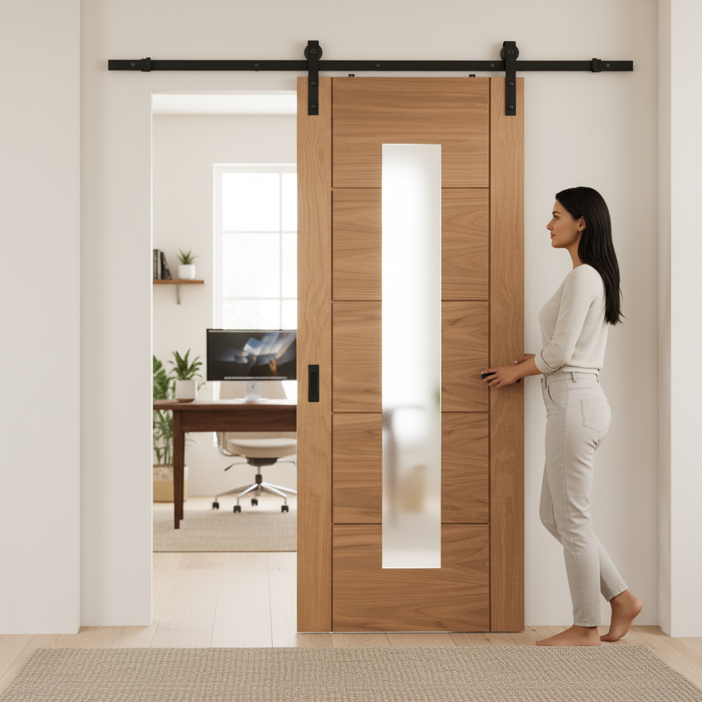 Premium Internal Unfinished Oak Sliding Door with Clear Glass and Black Steel Track for Modern Spaces