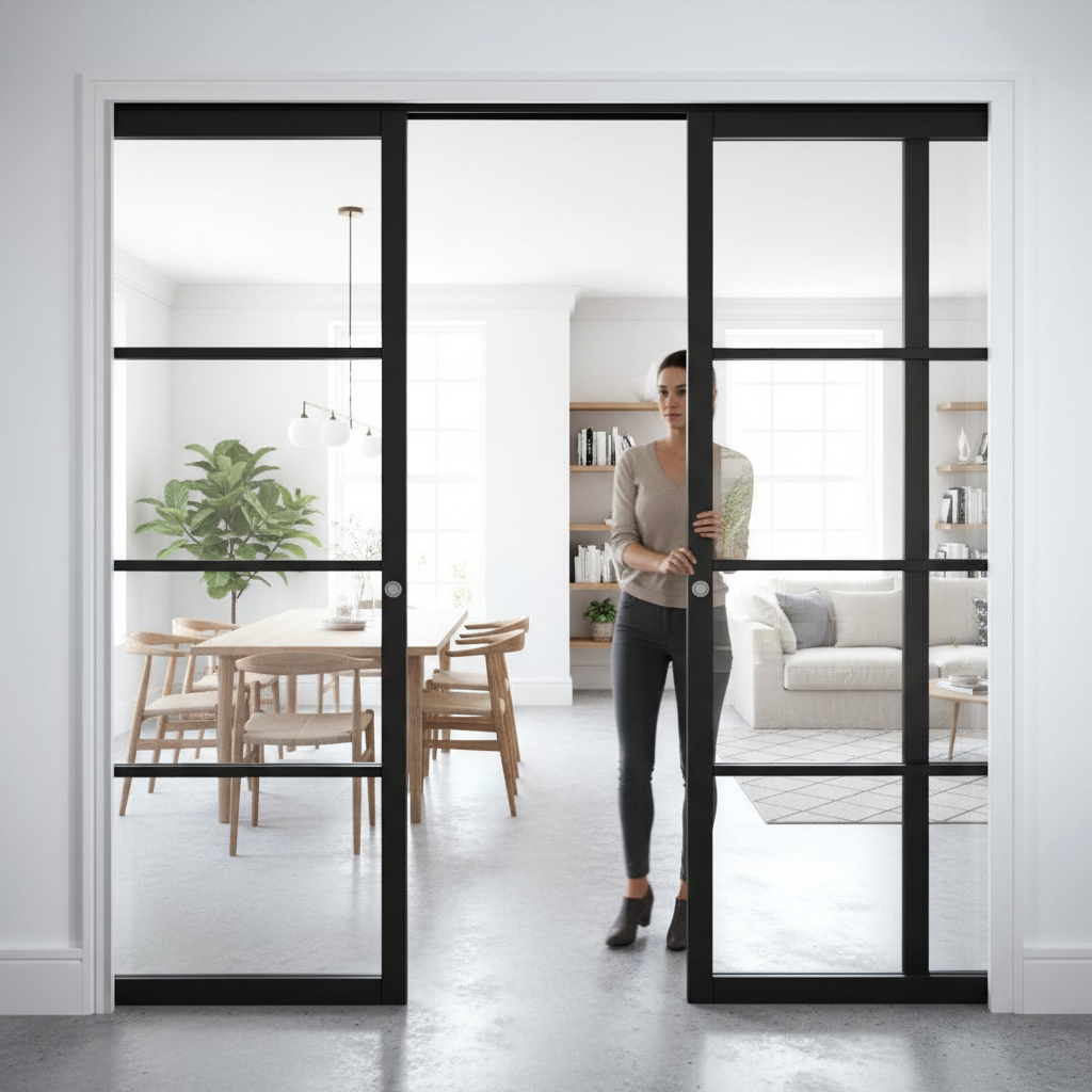 Premium Twin Telescopic Pocket Door System with Clear Glass Panels and Maintenance-Free Track - Ideal for Space Saving