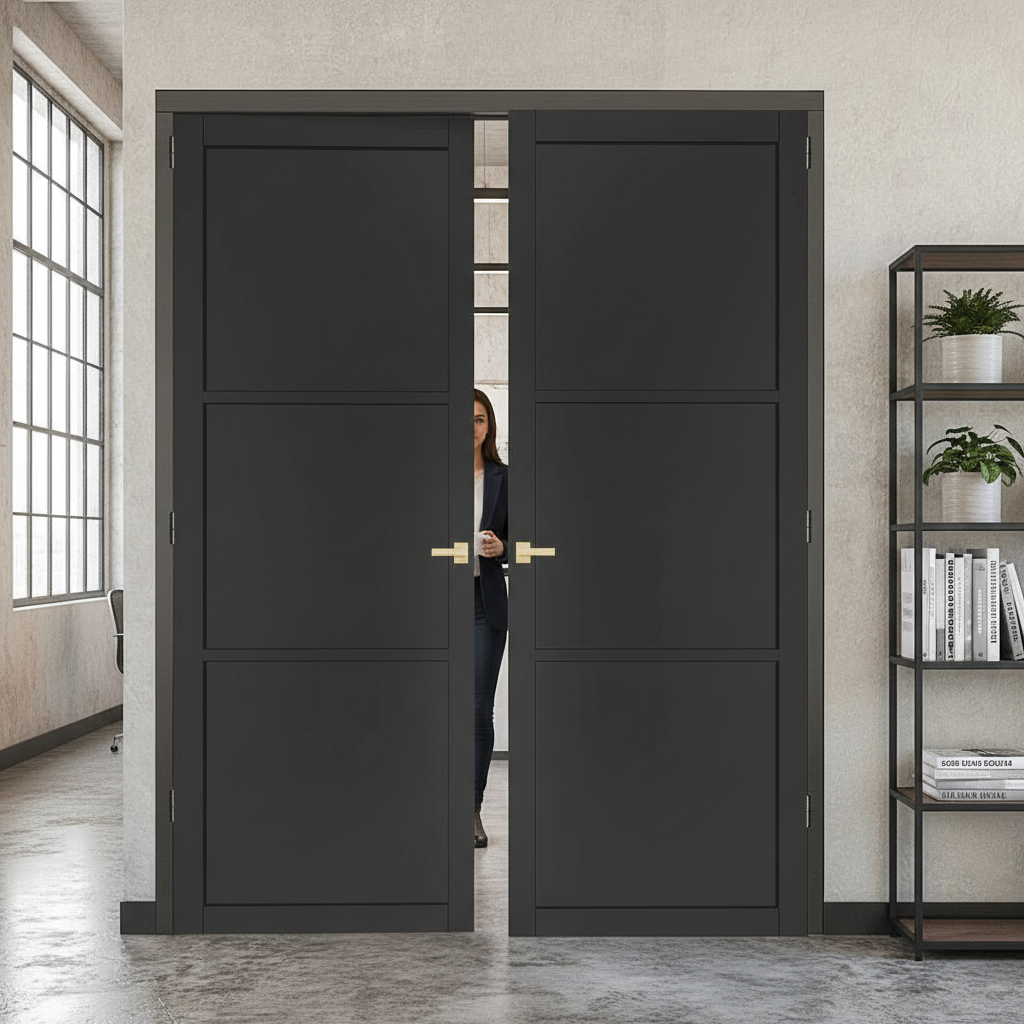 Premium Custom Made Industrial Style Door Pair with 3 Panel Design, Solid Softwood Core, and Suitable for Pocket Door Systems