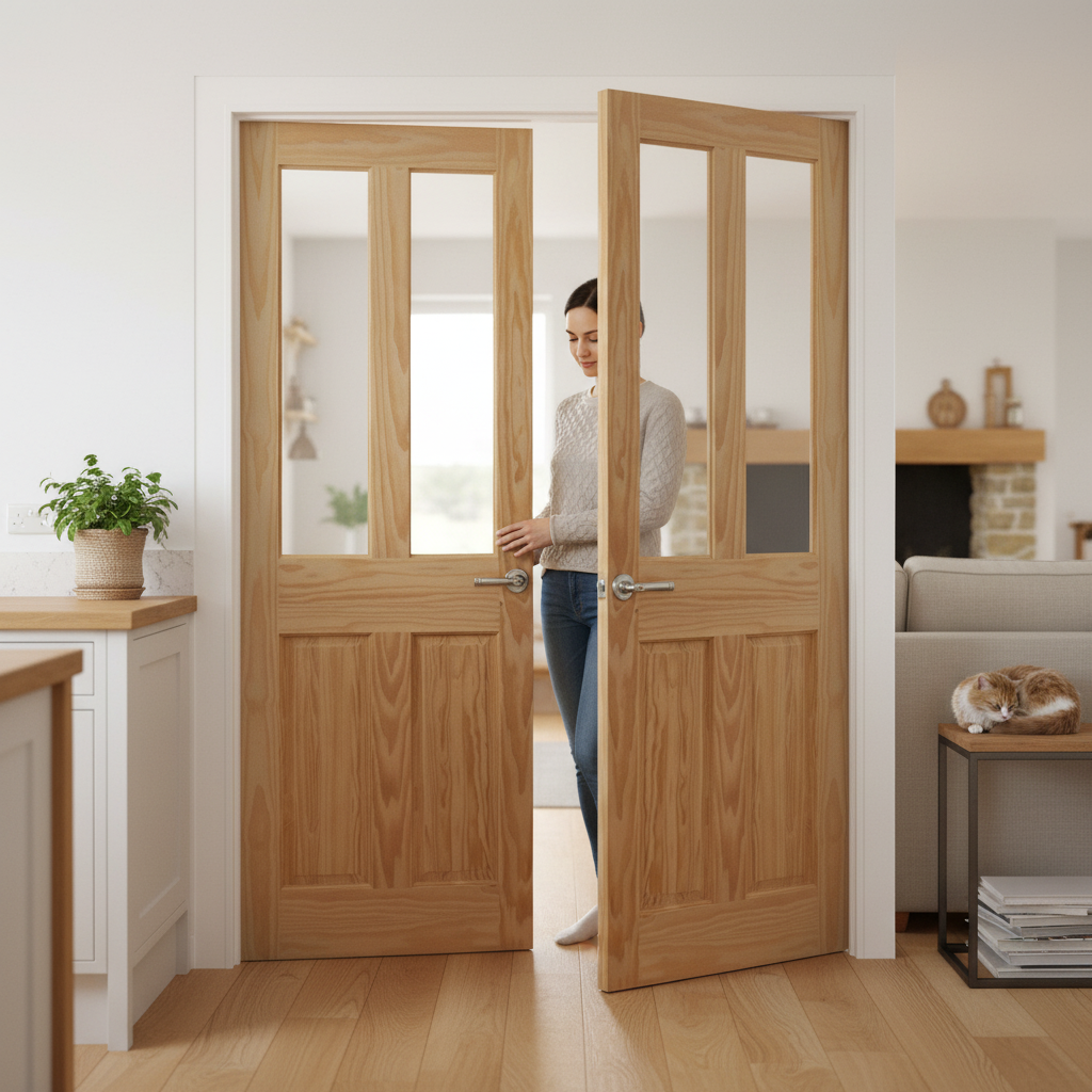 Premium Internal Clear Pine Unfinished 2 Panel 2 Light Obscure Glass Pair Door with Customizable Finish and Durable Construction - Image 2