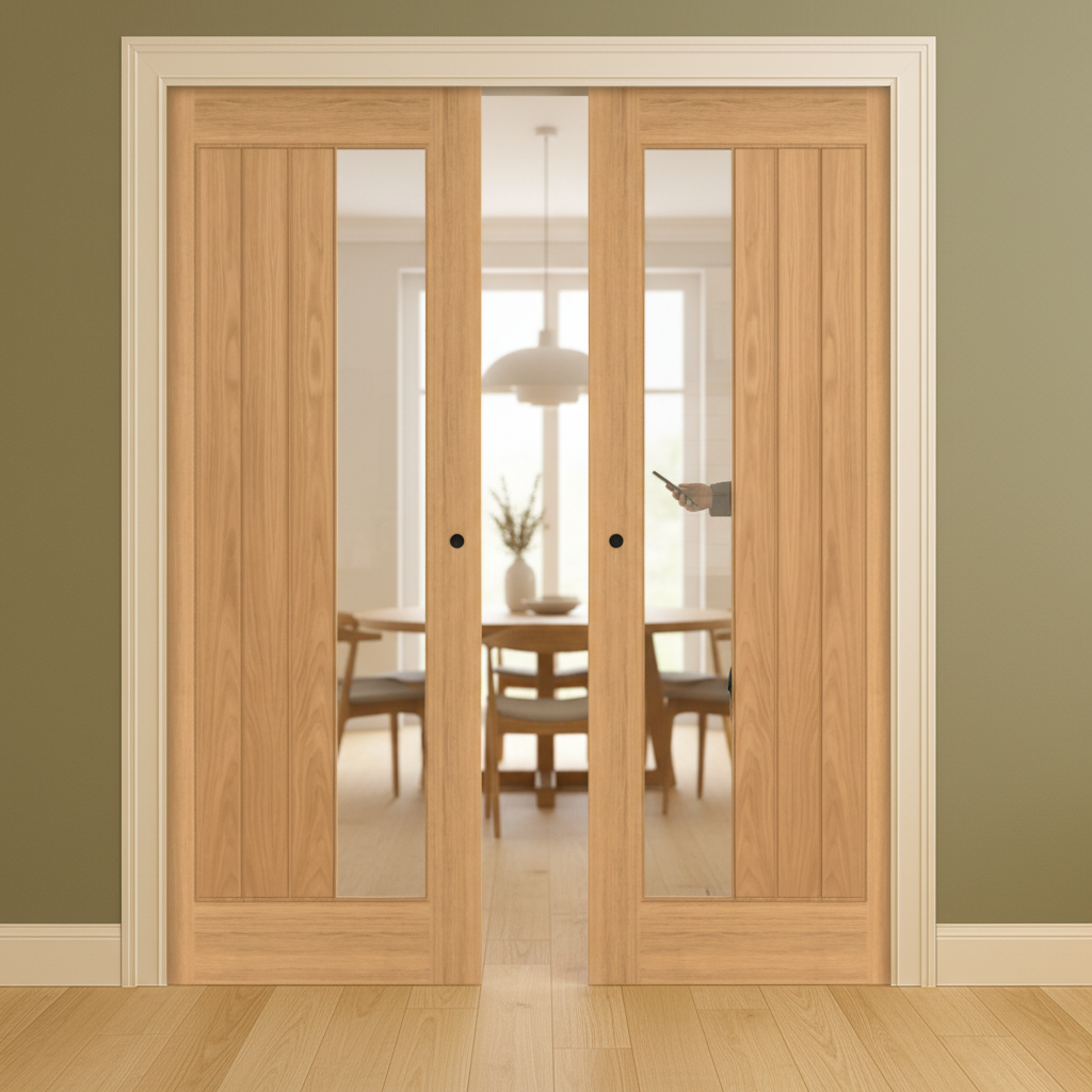 Premium Glazed Oak Double Pocket Door Set with Galvanised Steel Frame and Soft Closing Mechanism