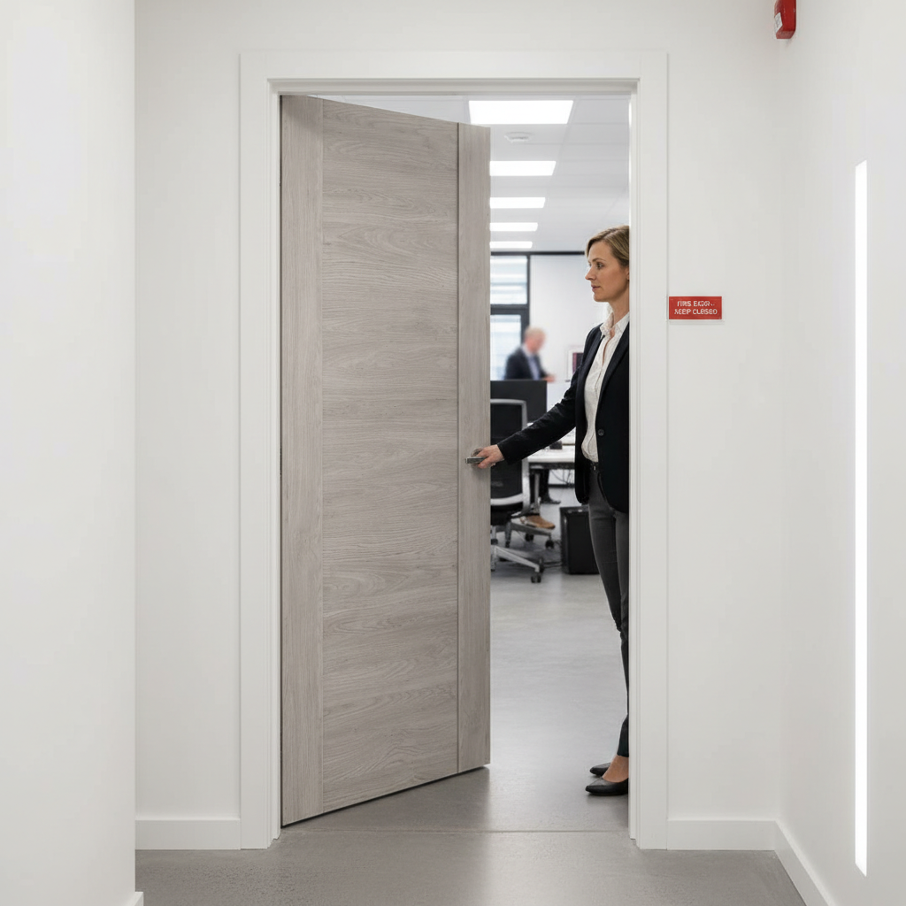 Premium Smoky Grey Laminate Fire Door with 30-Minute Fire Rating and Recessed Panel Design