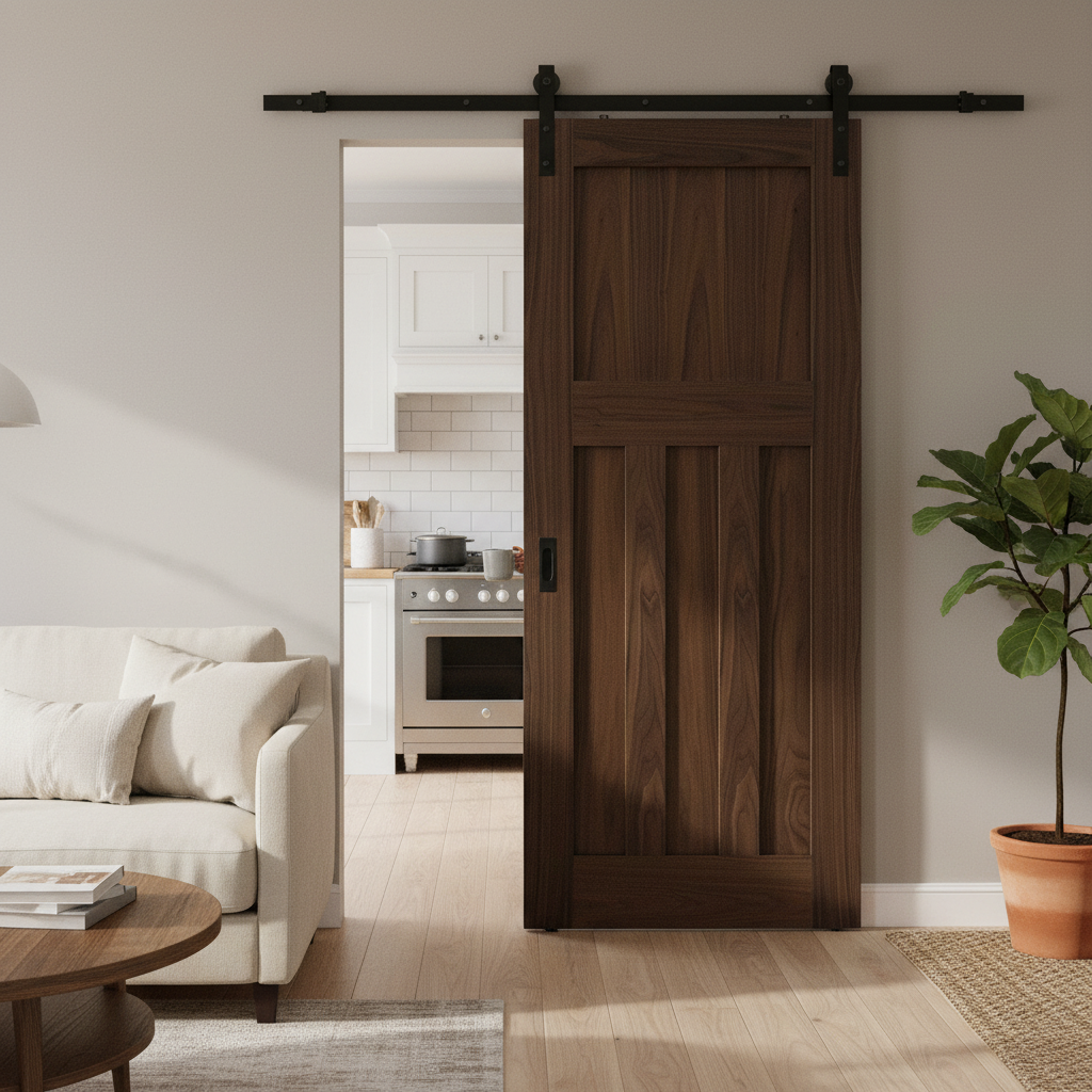 Premium Internal Fully Finished Sliding Door with Black Steel Track and Rich Walnut Finish for Modern Homes - Image 2