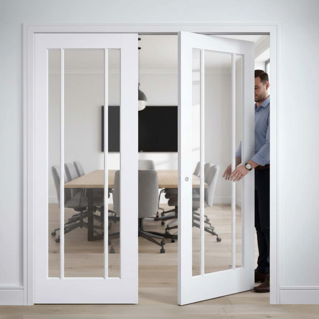 Premium Clear Glazed Telescopic Pocket Door System with Adjustable Doorstop and Maintenance-Free Track