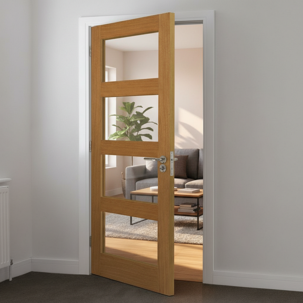 Premium Oak Internal Door with Clear Tempered Glass, Engineered Core, and Customizable Finishing Options