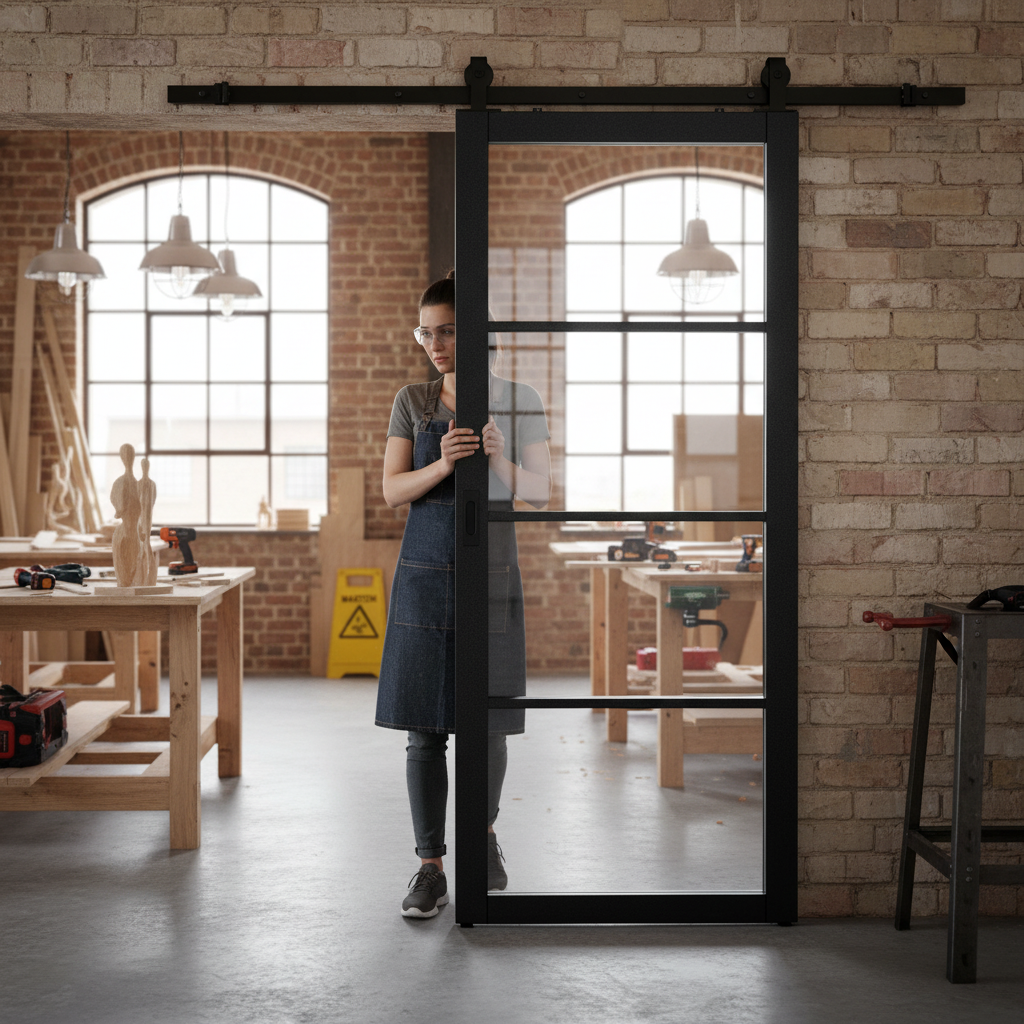 Premium Industrial 4 Light Clear Glass Sliding Door with Black Top Mounted System for Modern Interiors