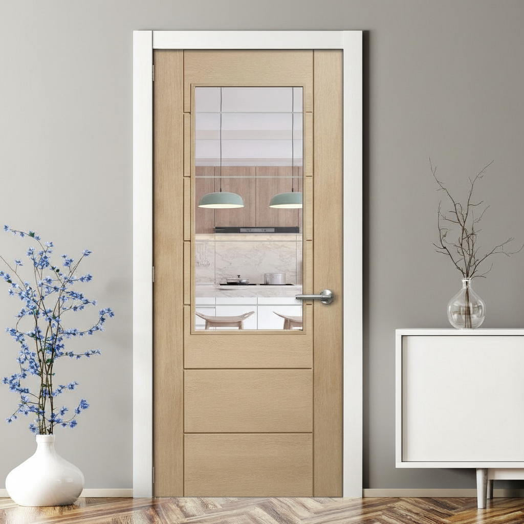 Premium Oak Door with Clear Etched Glass - Luxury Deep Chamfered U-Grooves, Engineered Construction, and 2/3 Glazing