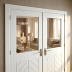 Internal White Double Door with Primed Finish and Clear Glass Chevron Design - detail view