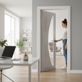Premium White Grey Laminate Door with Clear Glass and Curved Grooves for Contemporary Design