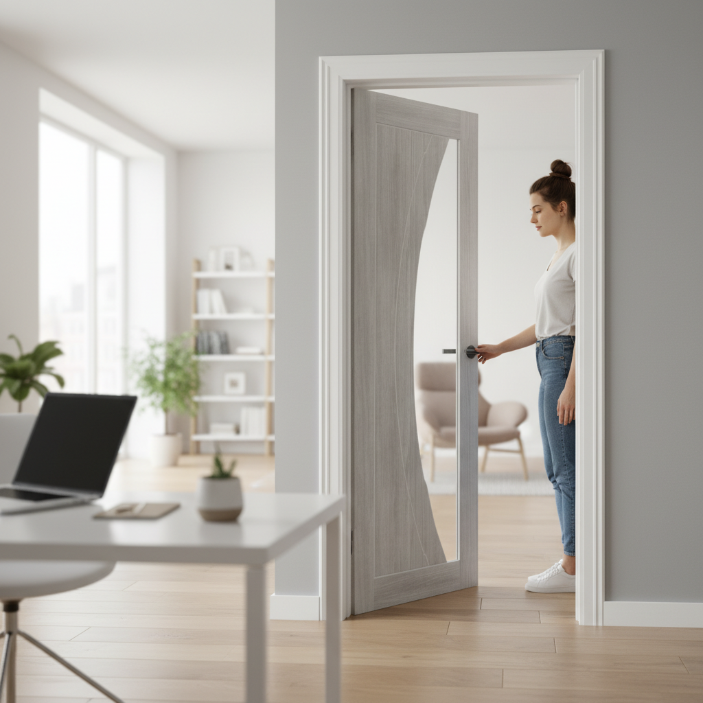 Premium White Grey Laminate Door with Clear Glass and Curved Grooves for Contemporary Design