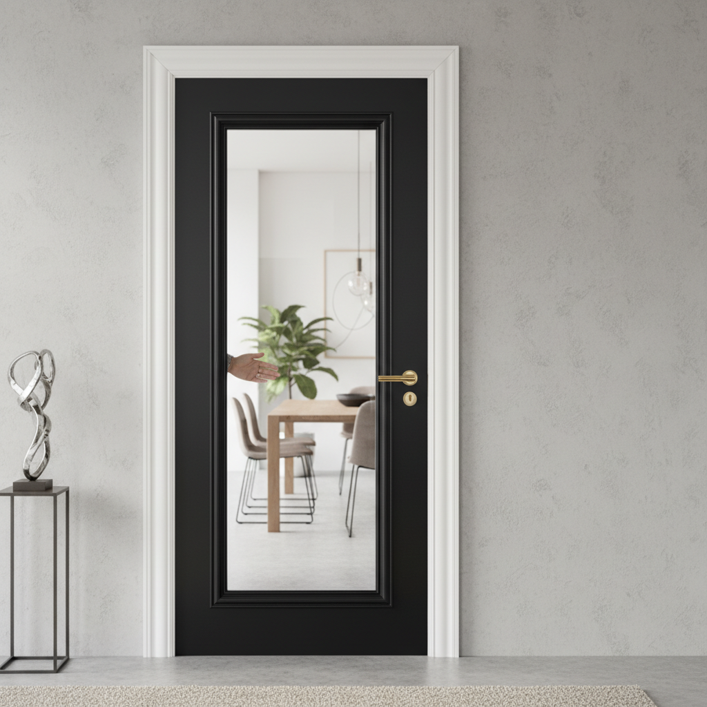 Premium Fully Finished Black Bevelled Glazed Door with Clear Glass and Distinctive Moulding for Home Elegance