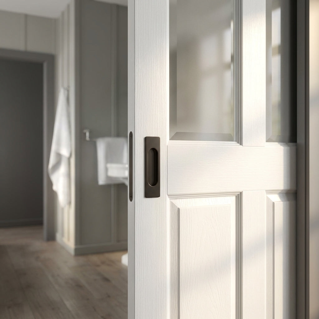 Internal Pocket Door Set with White Primed Finish, 2 Panel, 2 Light Bevelled Glass - detail view