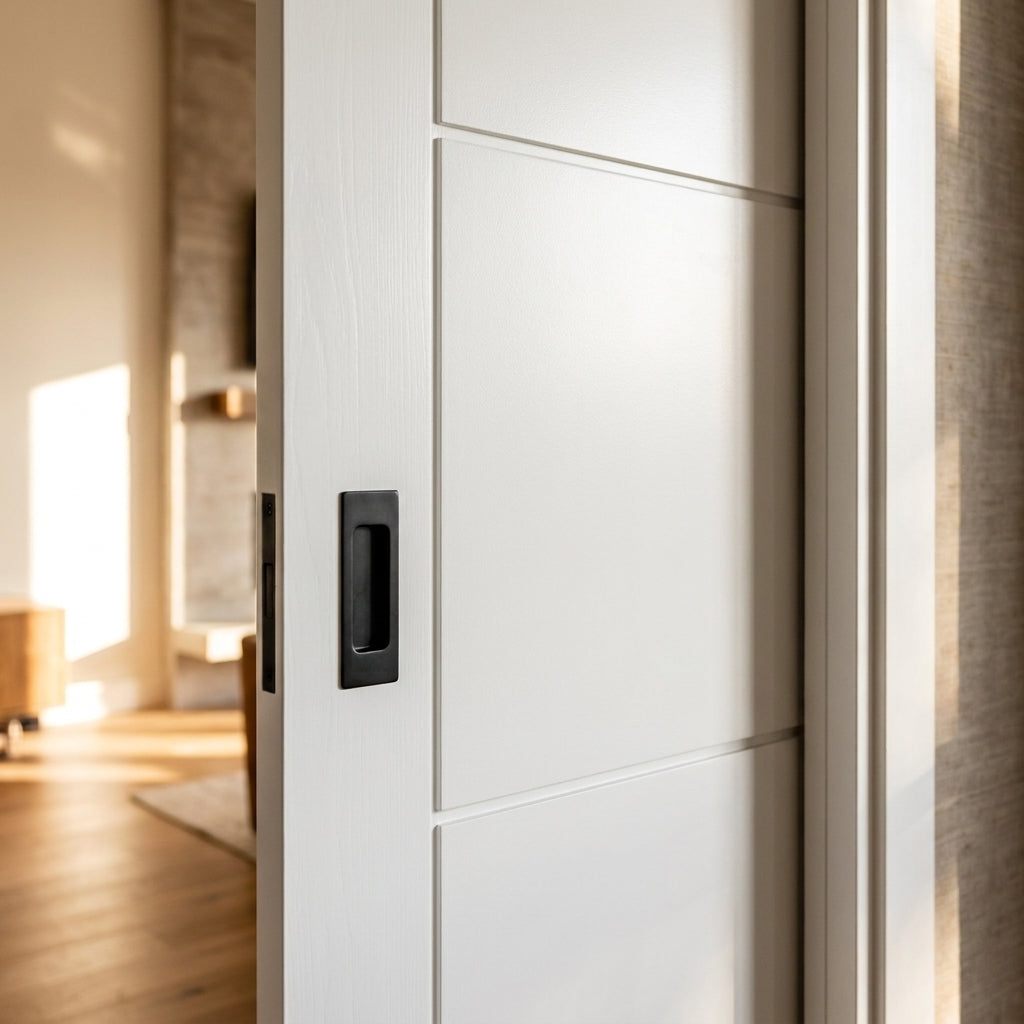Internal Pocket Door Set White Primed 3 Panel Design 100mm Framed - detail view