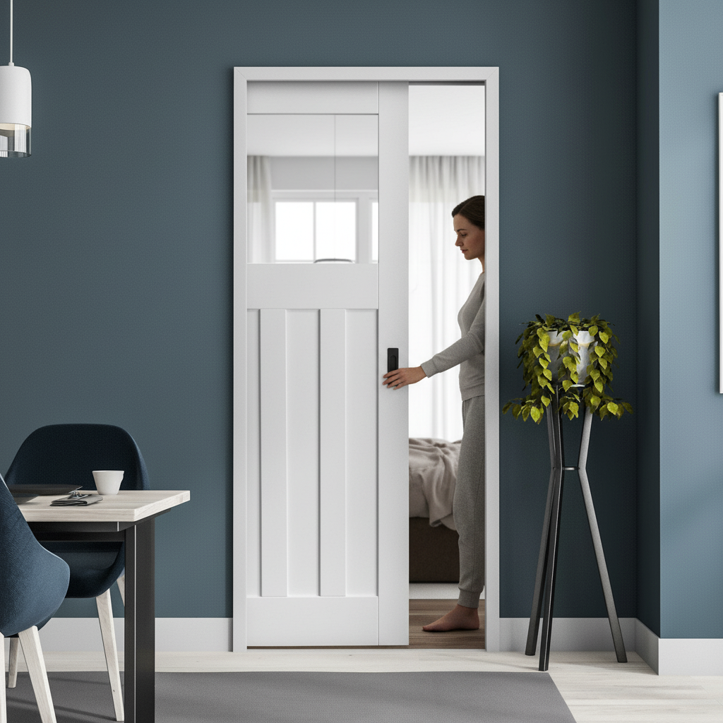 Premium 1930s Inspired Clear Glass Framed Pocket Door Set with White Primed Finish for Vintage Charm and Space Optimization - Image 2