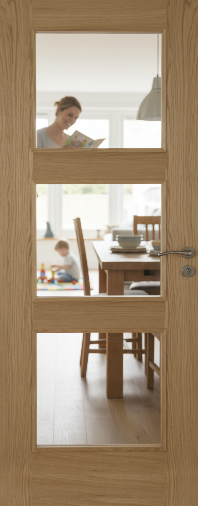 Premium Oak Internal Door with 3 Clear Glass Panels, Engineered Construction and Satin Lacquer Finish for Enhanced Strength and Stability