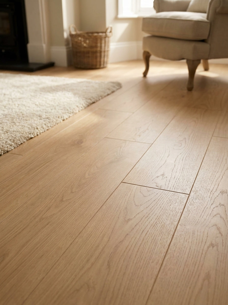 12mm Water-Resistant Laminate Flooring in Warm Heritage Oak with 4V Bevel Edge - detail view