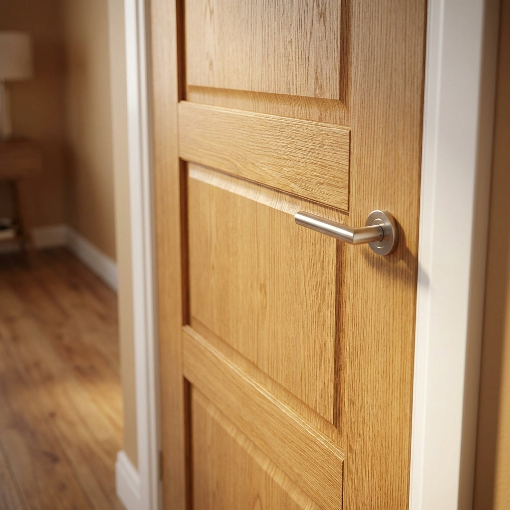 FD30 Fire Door Oak Internal Unfinished Shaker 4 Panel Solid Core - detail view