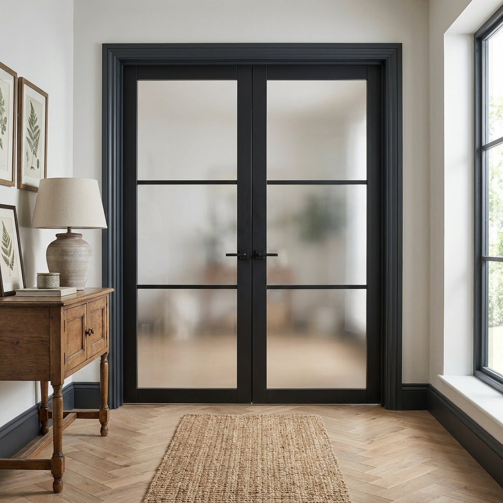 Internal French Door with 3 Light Obscure Glass in Jet Black - Fully Finished