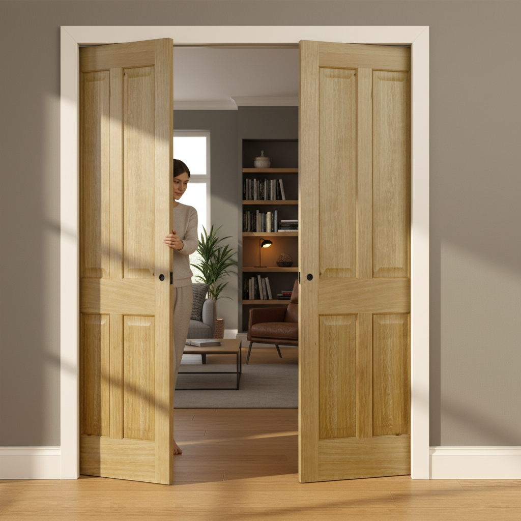 Premium Double Pocket Door Set with Unfinished Oak Veneer and Galvanized Steel Frame for Elegant Interior Design