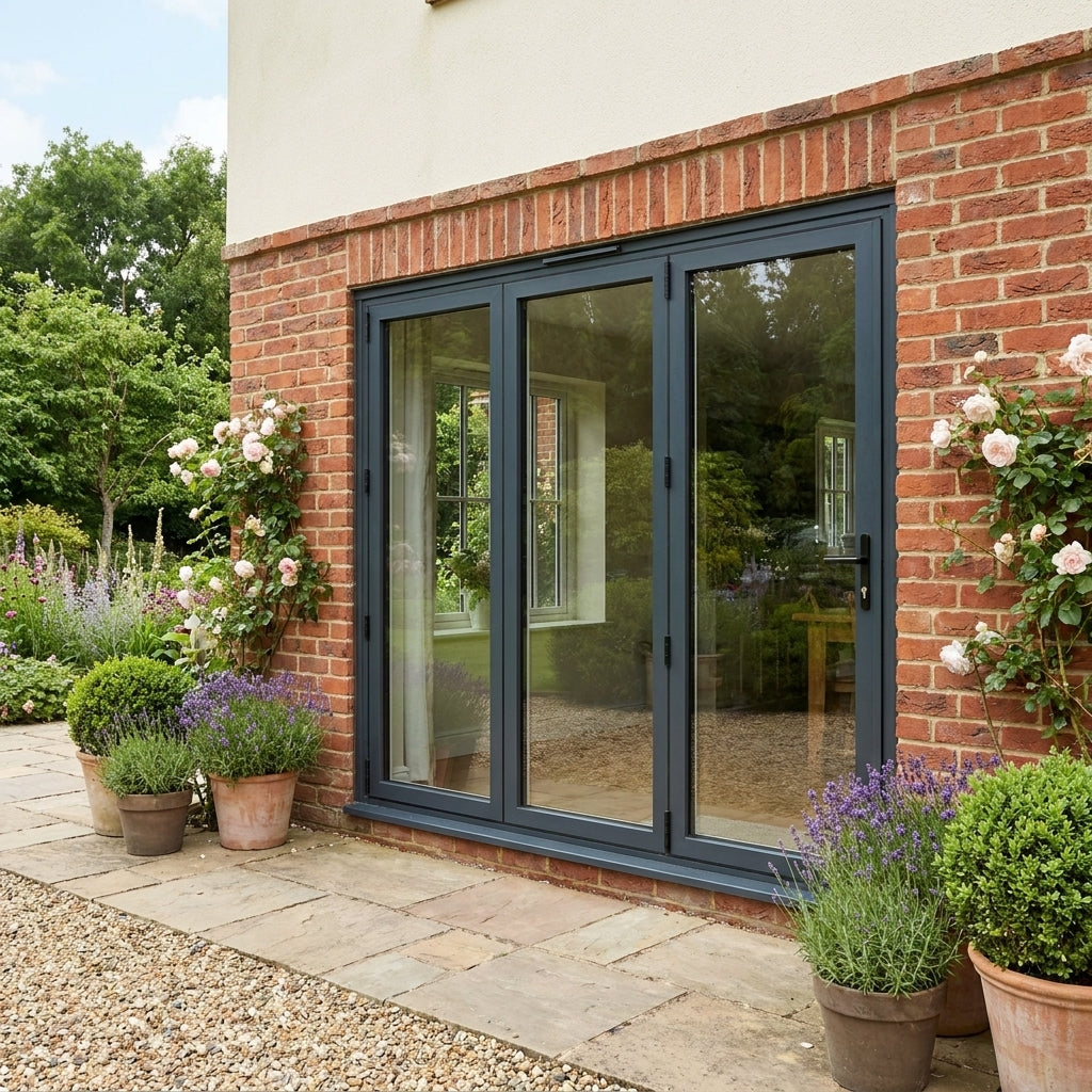 External Folding Patio Door in Matt Grey Aluminium with Clear Glass Glazing