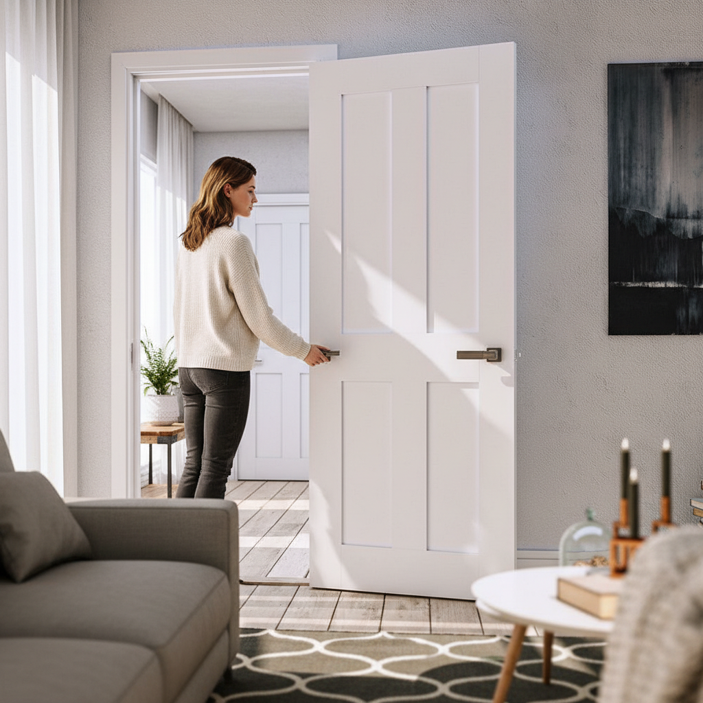 Premium White Primed Internal Door with Four Panel Shaker Style Design and 10 Year Guarantee