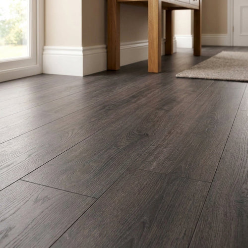 10mm Water-Resistant Grey Oak Laminate Flooring with 4V Bevel Edge - detail view