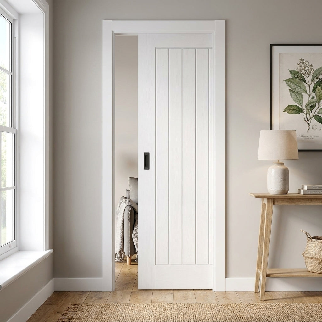 Internal Pocket Door Set, White Moulded, Classic Framed, 100mm Thickness