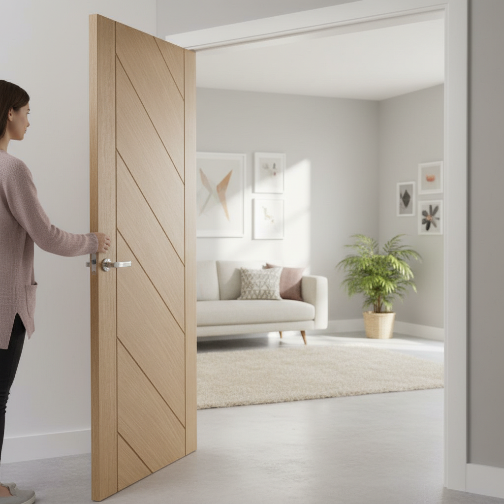 Premium Oak Internal Door with Diagonal Facing Panels and Deep U-Grooves for Modern Living Spaces