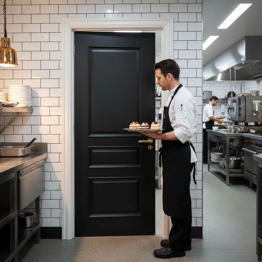 Premium Fully Finished Black Fire Door with Bevelled Panels and 10 Year Guarantee