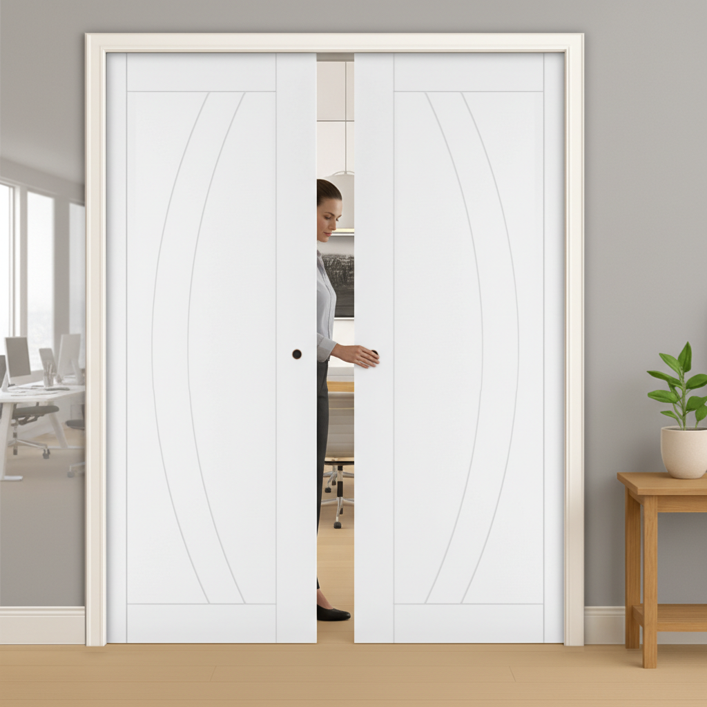 Premium White Double Pocket Door Set with Galvanised Steel Frame, Soft Door Closers, and Adjustable Protrusion Features