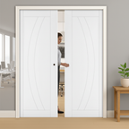 Premium White Double Pocket Door Set with Galvanised Steel Frame, Soft Door Closers, and Adjustable Protrusion Features