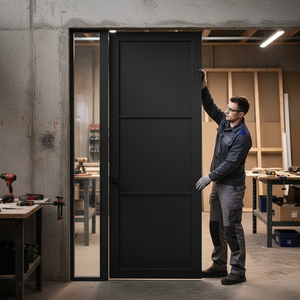 Fully Finished 3 Panel Industrial Studio Door - Sleek Black Timber Design, Ready for Installation with Matching Hardware
