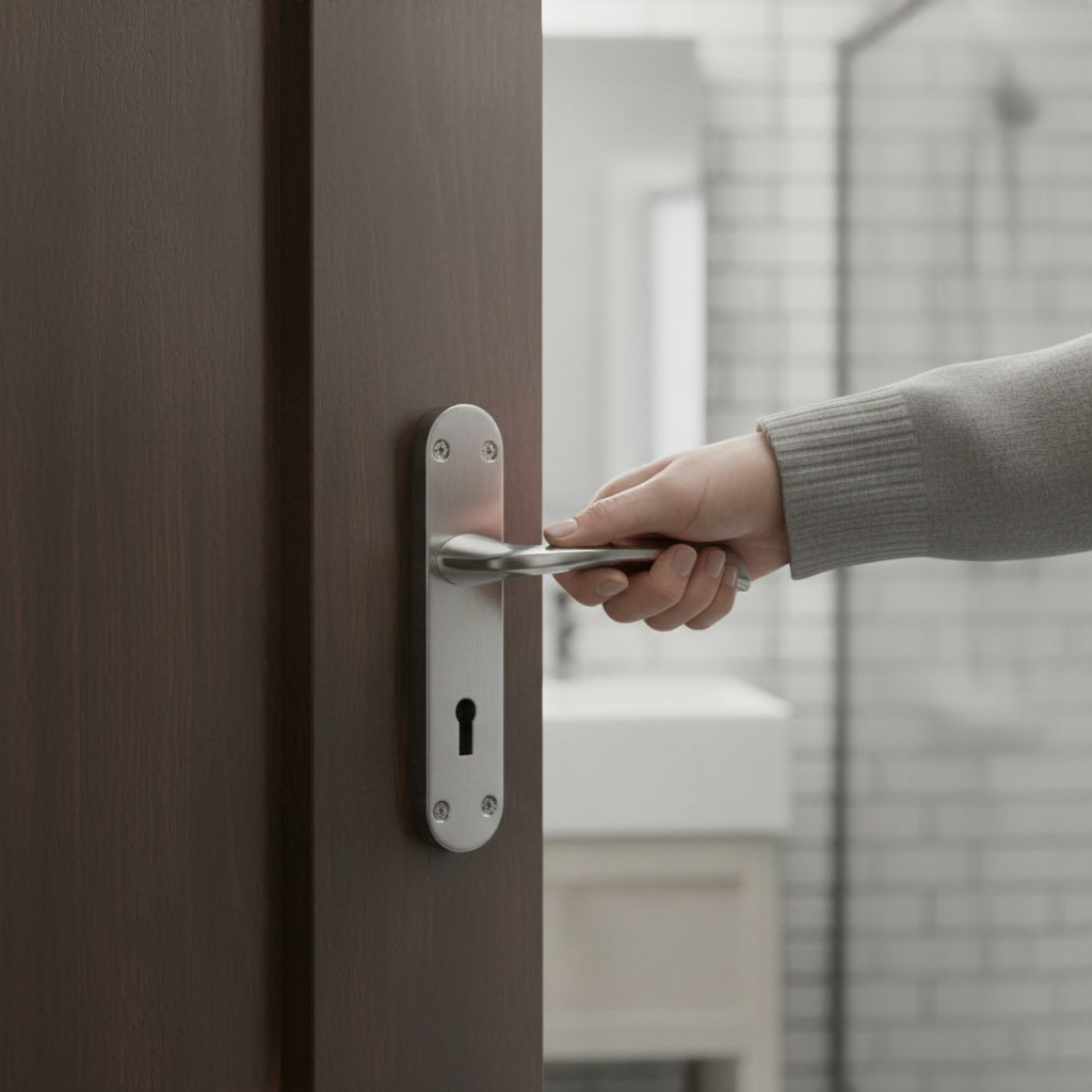 Premium Satin Chrome Bathroom Door Handle Set with Lock and Hinges for Stylish Upgrade - Image 2