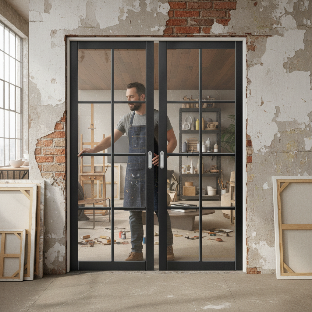 Premium Industrial Studio 8 Light Glazed Pair Door - Fully Finished Black with Contemporary Design