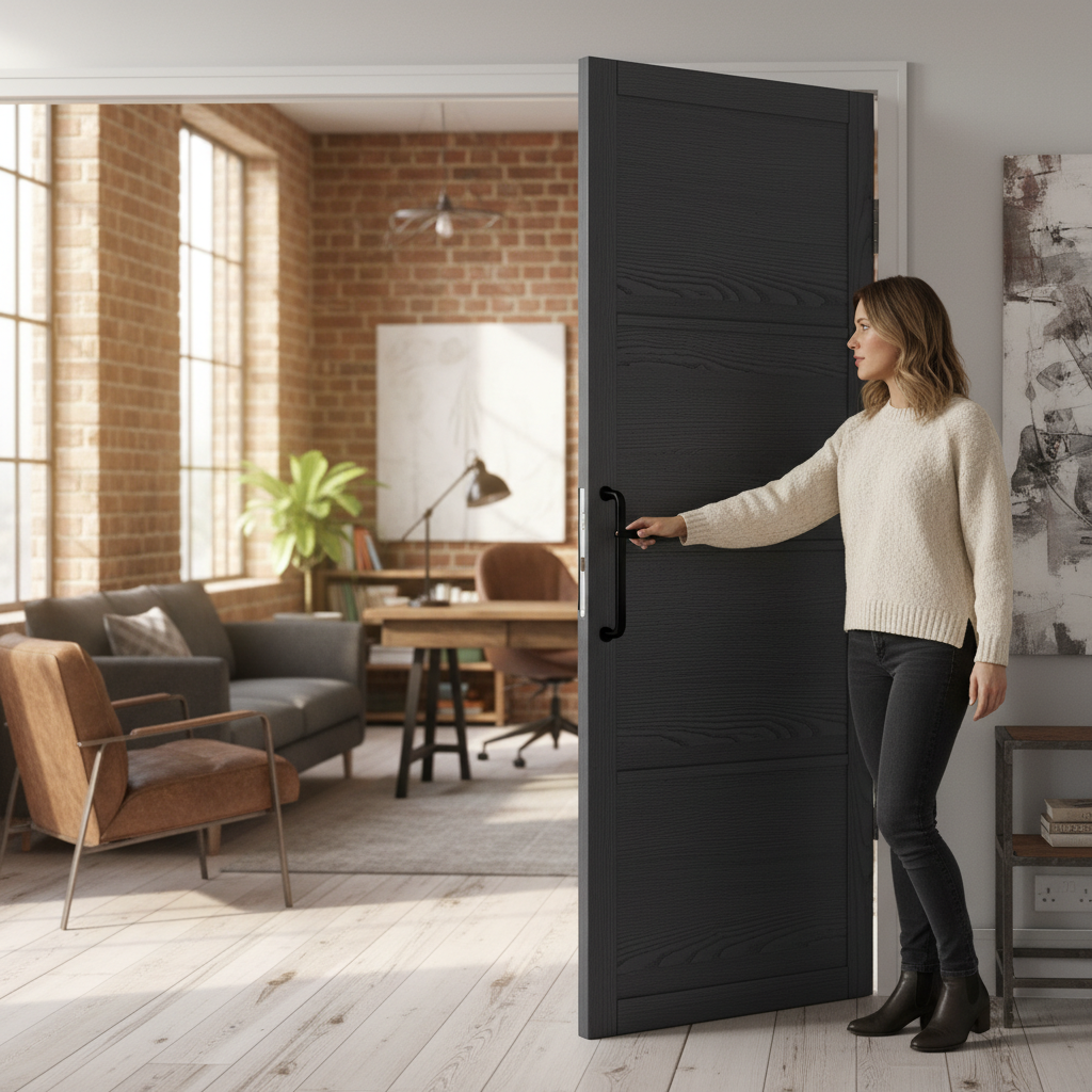 Premium 4-Panel Industrial Style Door Pair in Dark Charcoal Finish - Ready to Install with Solid Engineered Core and 10-Year Warranty