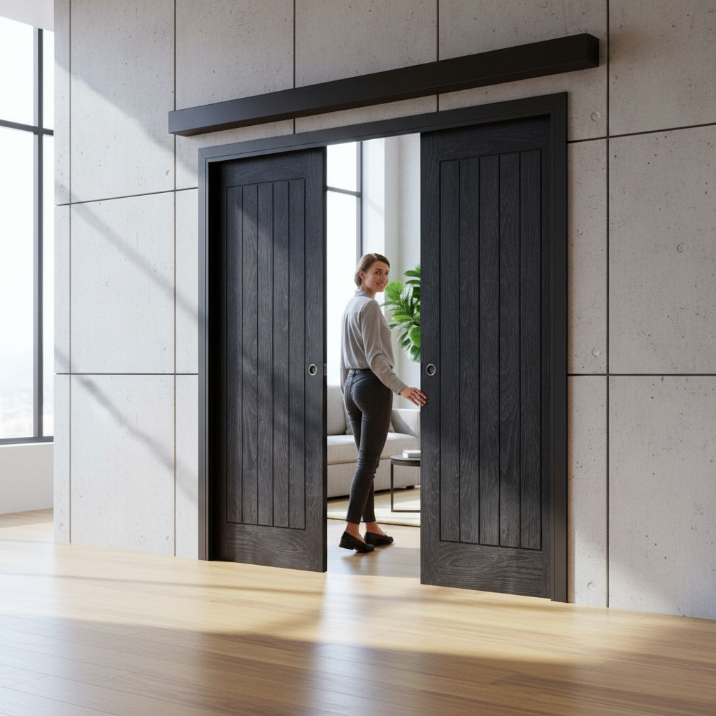 Premium Brushed Black Double Pocket Doors System with Adjustable Frame and Maintenance-Free Track for Modern Spaces