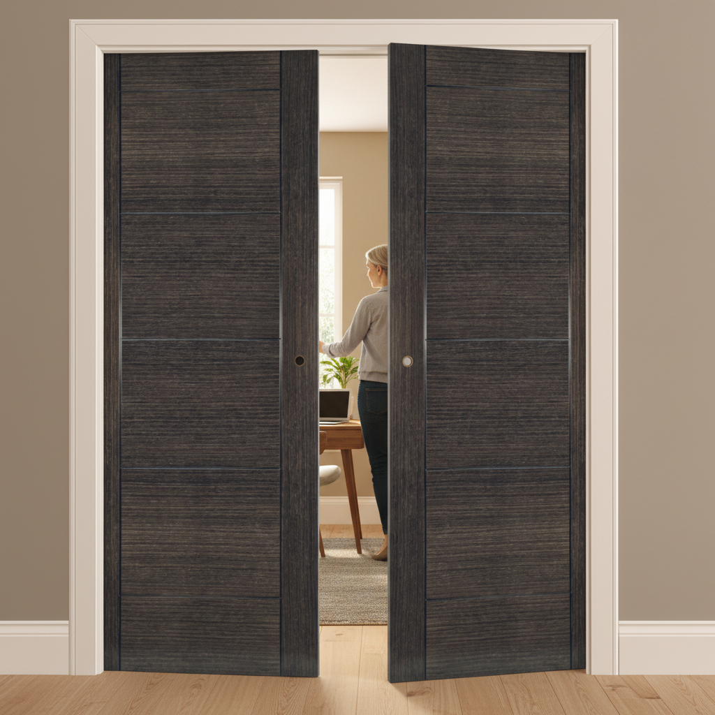 Premium Dark Grey Ash Double Pocket Door Set with Galvanised Steel Frame and Adjustable Door Jambs for Modern Interiors