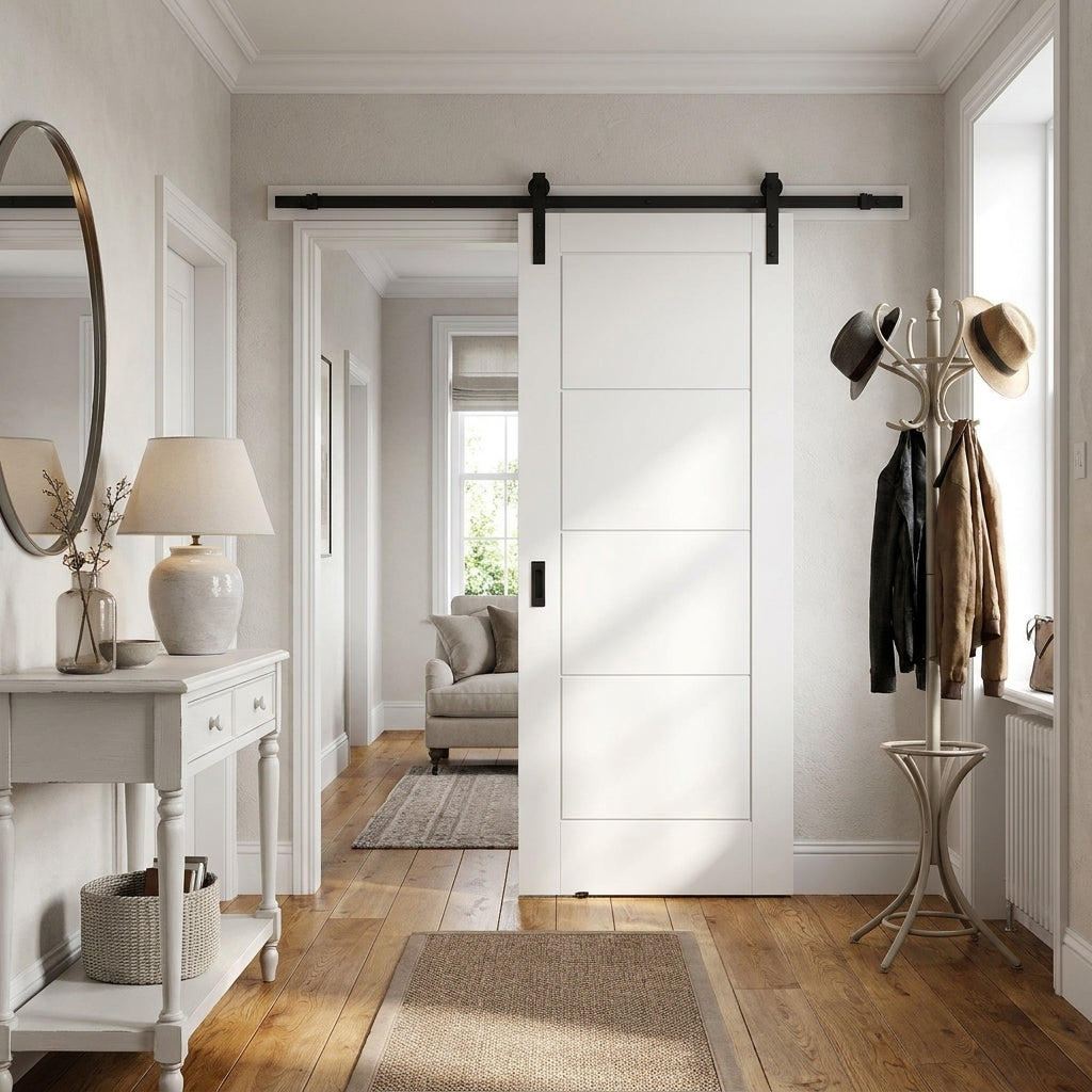 Internal White Sliding Ladder Door with Black Top Mount and Moulded Finish