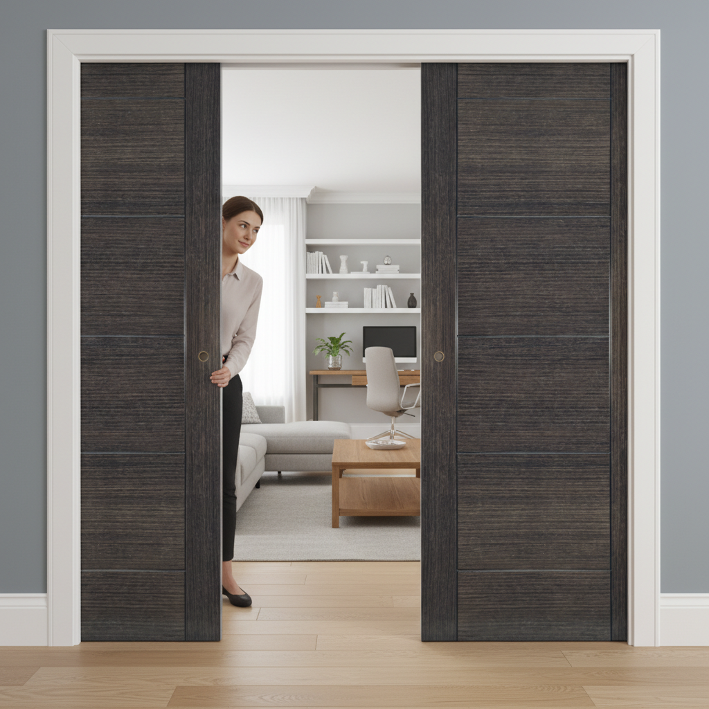 Premium Dark Grey Ash Double Pocket Door Set with Galvanised Steel Frame and Adjustable Door Jambs for Modern Interiors