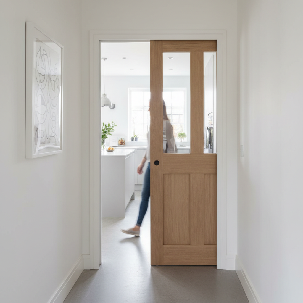 Premium Clear Glazed Pocket Door Set with Solid and Glazed Panels for Elegant Space Transformation