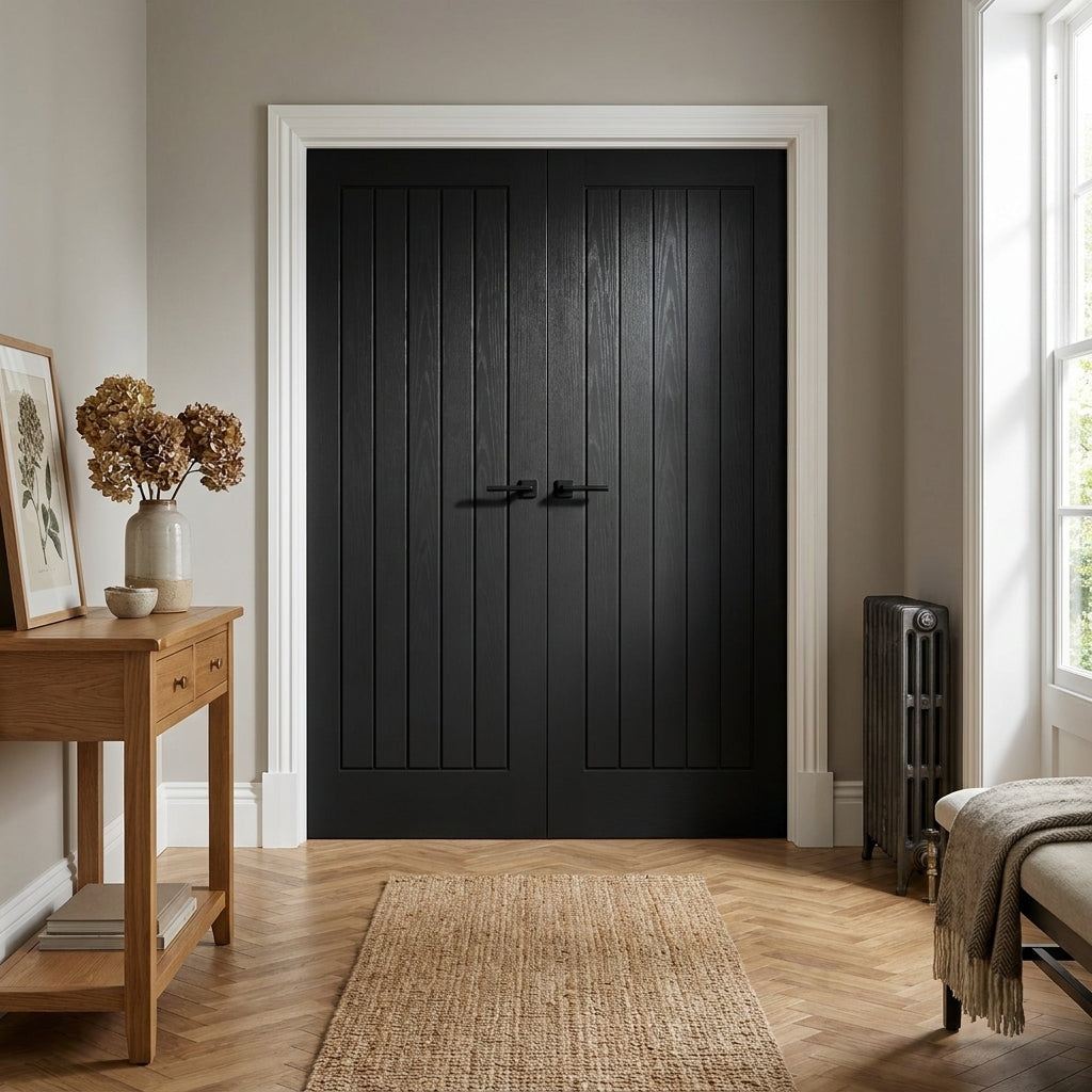 Internal Oak Door Pair, Black, Fully Finished, Standard Core