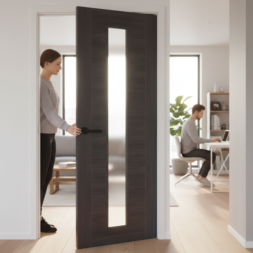 Premium Umber Grey Laminate Door with Clear Glass - Contemporary Design, Low Maintenance Finish, and Semi-Solid Construction