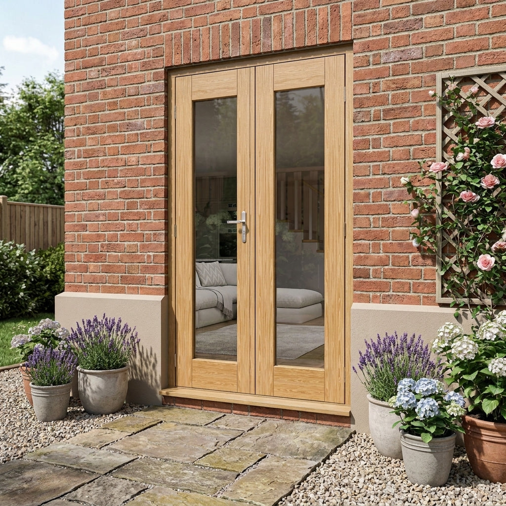 External Fully Finished Oak French Patio Door Set with Clear Toughened Glazing