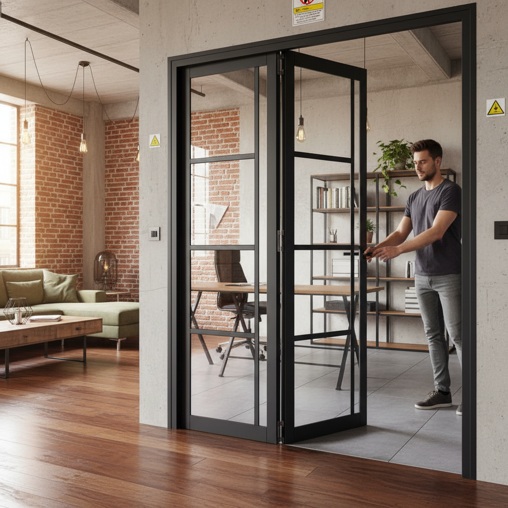 Premium Industrial Style Clear Glazed Room Divider with Bi-Folding Doors and Custom Configurations