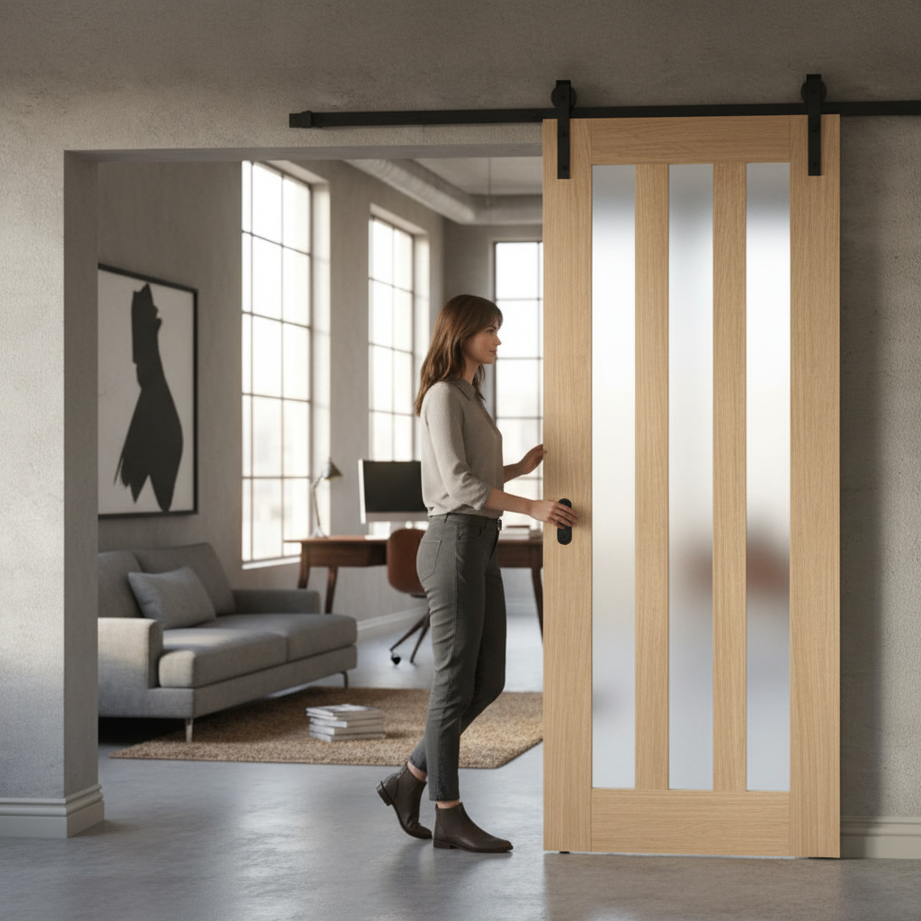 Premium Heavy Duty Frosted Glazed Face Mounted Sliding Door Set for Internal Wooden Doors Up to 100kg