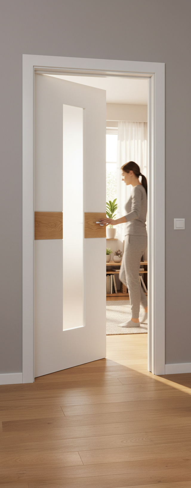 Premium Internal White Fully Finished Glazed Door with Oak Insert - Vertical Safety Glass Panel