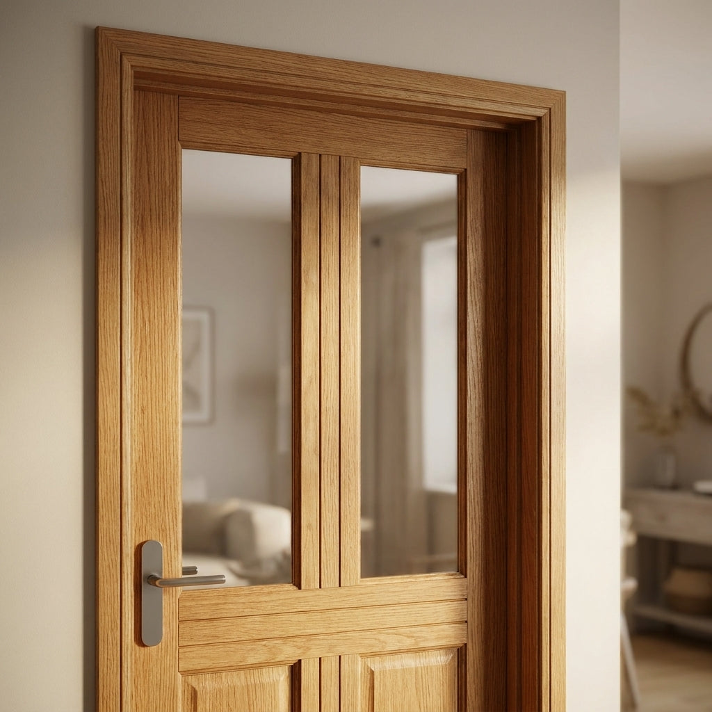 Internal Oak Fire Door FD30 Rated with 1 Light Clear Glass - Fully Finished - detail view