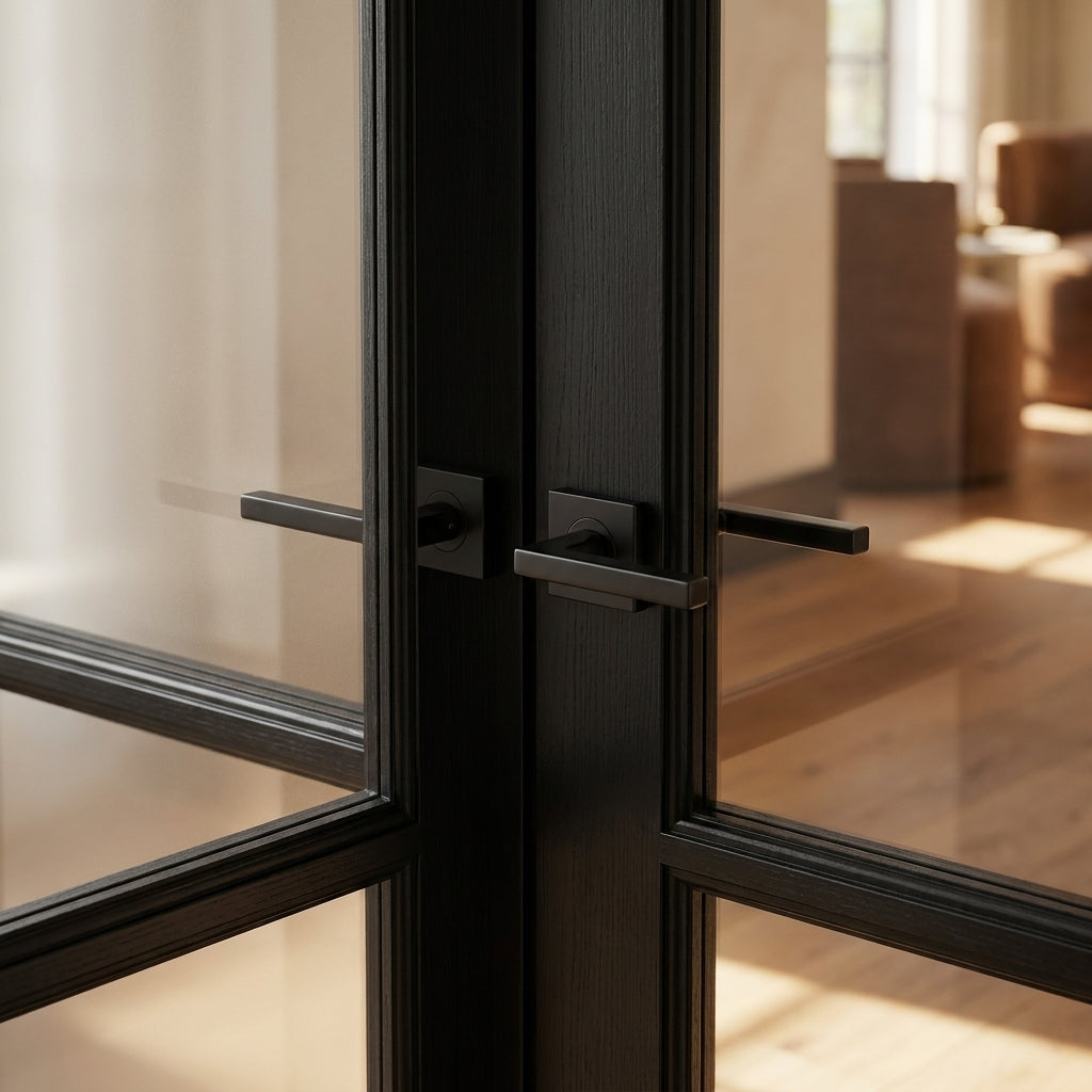 Internal French Door with 3 Light Obscure Glass in Jet Black - Fully Finished - detail view